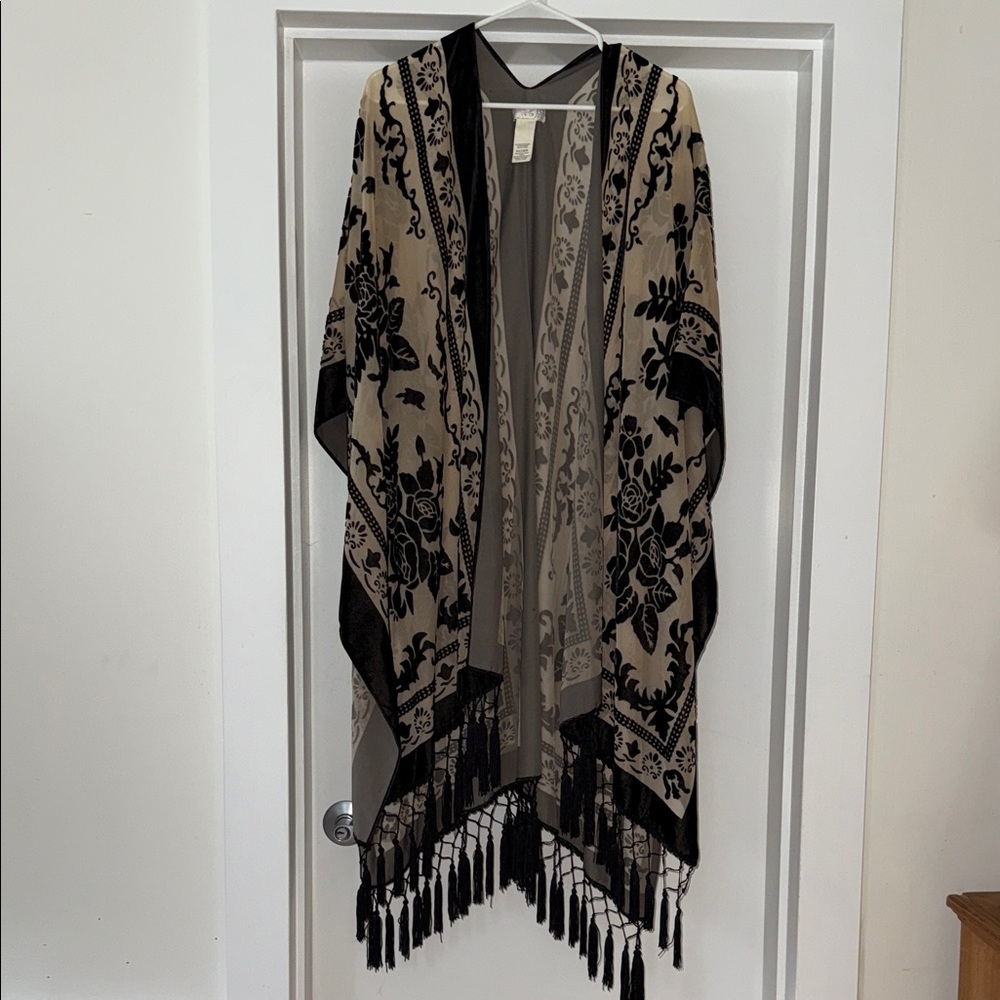 Free People Black and Tan Floral Kimono with Fringe